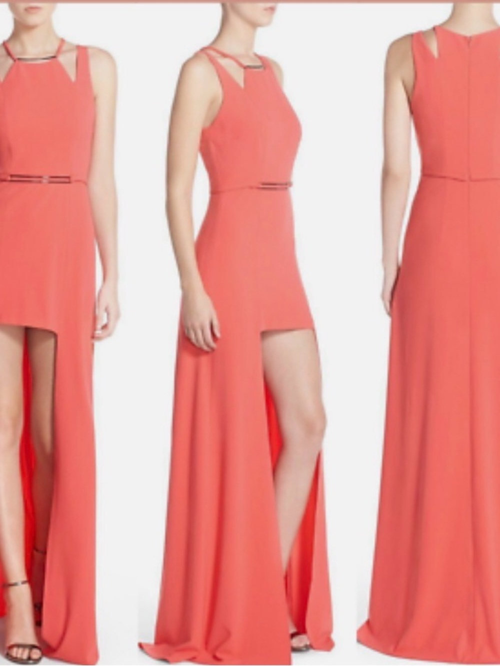 Halston Heritage Coral High-Low Gown with Belt Accent